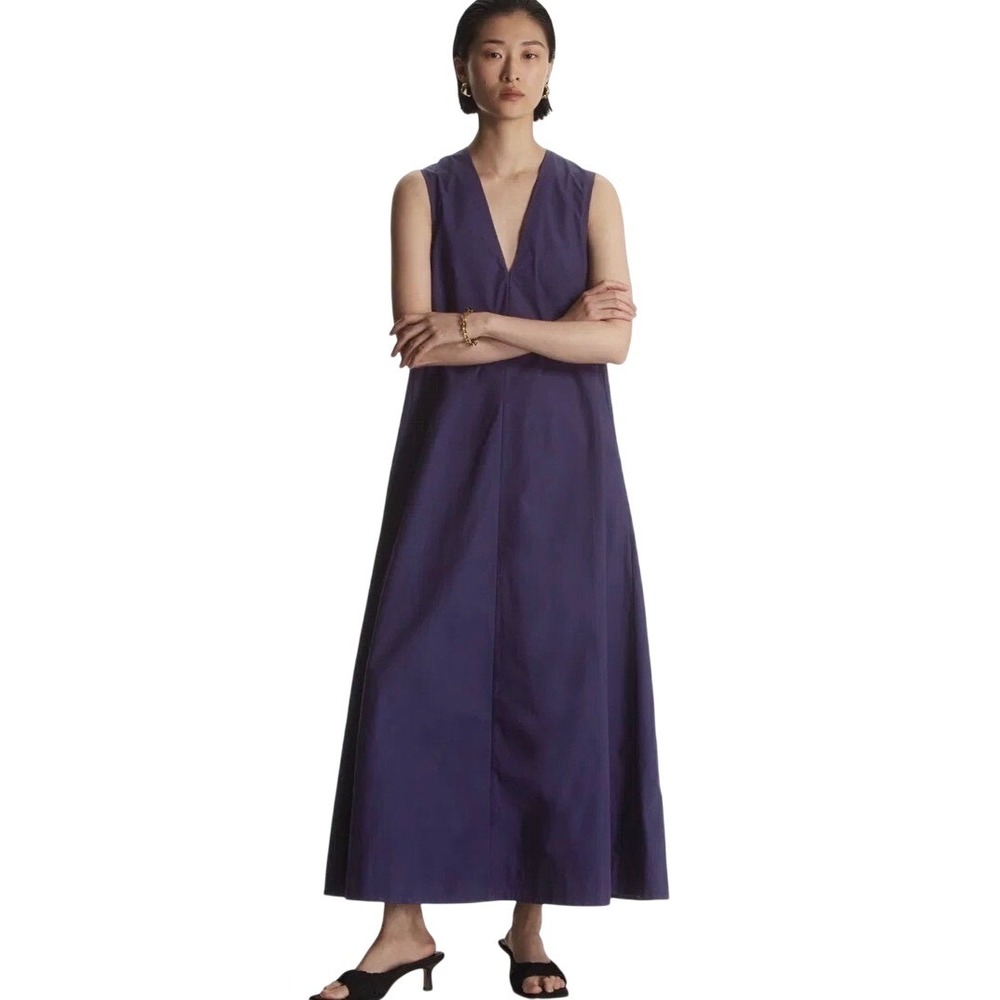 COS Organic Cotton V-Neck Maxi Dress Navy Womens Size EUR 34/US 2 Minimalist